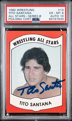 TITO SANTANA 1982 WRESTLING ALL STARS SIGNED ROOKIE - PSA 6 / PSA AUTO 10 GEM - Image 1 of 2