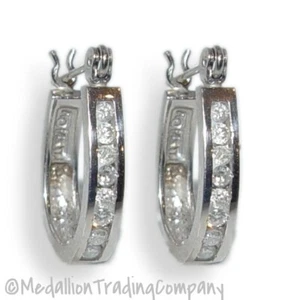 14k White Gold Channel Set Round Diamond .65 Inch Huggie Hoop Earrings - Picture 1 of 5