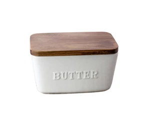 Better Homes Gardens Porcelain Embossed Butter Dish Farmhouse Acacia Wood White - Picture 1 of 4