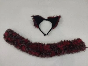 Red & Black Furry Tail & Ears Costume Piece Cosplay Cat Dog Wolf Fox Anime Set - Picture 1 of 9