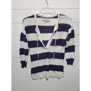 Loft womens size XS linen blend coverup long sleeve white navy stripe beachy top - Picture 1 of 4