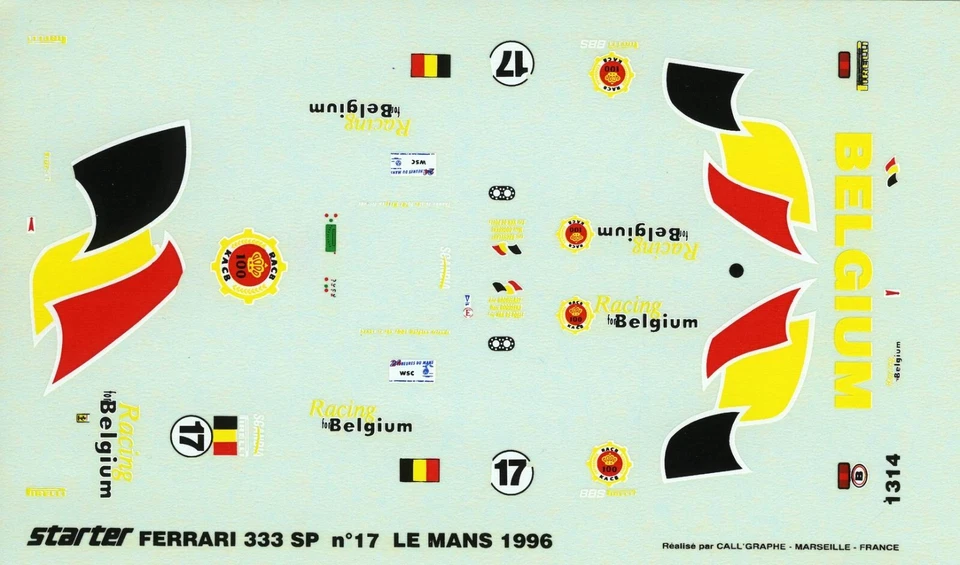 FERRARI 333 SP BELGIUM TEAM N°17 24 HOURS LE MANS 1996  STARTER DECALS 1/43 - Immagine 1 di 1