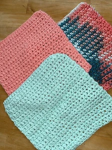 Handgefertigte Baumwolle gehäkelt Geschirrtücher 3er Set Koralle, Aqua und Multi - Bild 1 von 5