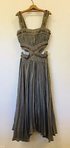 KIRRILY JOHNSTON Gorgeous Taupe Silk Pleated Maxi Dress Ladies Size 8 Cut Out