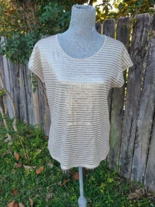 By Chico's tan Short Sleeve T-Shirt Sparkly gold Sequined Front Women's size 0 - Picture 1 of 11