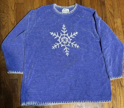 Quacker Factory Embroidered Snowflake Blue Sweater 1X Christmas - Image 1 of 4