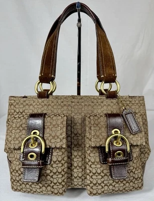 😎😎😎DE COLECCIÓN COACH CAQUI Lona Signo C Bolso Marrón LTR DBL Hebilla Bolsillos Bolso #3645 Foto 1 de 4