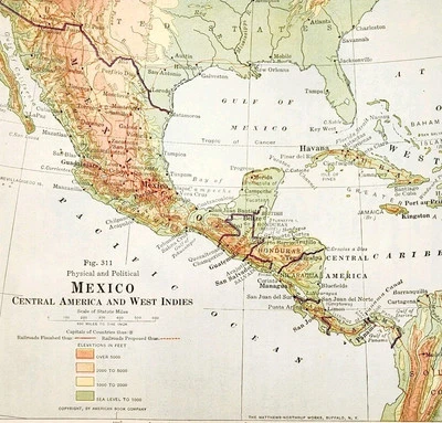1920 Map Mexico Physical Political Central America West Indies Cuba DWQ4 - Image 1 of 2