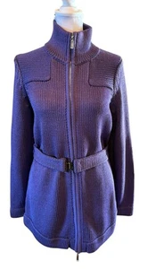 Doncaster Collection 100% Silk Knit Sweater Jacket XS Zip Belted Purple Heavy - Picture 1 of 18