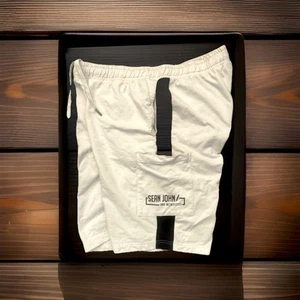 SEAN JOHN DRAWSTRING SWEAT SHORTS WHITEw/BLACK STRIPES+LOGO MENS SIZE XL - Picture 1 of 6