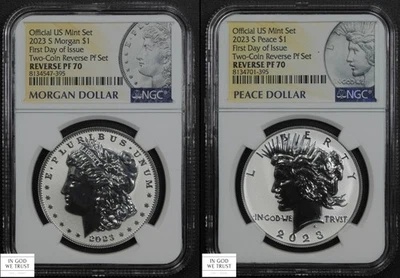 2023 S 2-Coin REVERSE PROOF Set First Day Issue Morgan & Peace Dollars NGC PR 70 - Image 1 of 4