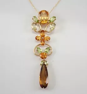 14K Yellow Gold Citrine Beryl Smokey Topaz Peridot Pendant Necklace 18" Chain - Picture 1 of 5