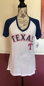 Texas Rangers Shirt Women Small V-Neck Raglan Sleeve Blue White Campus Lifestyle - Picture 1 of 3