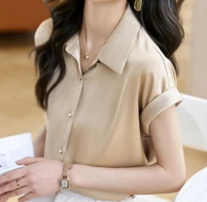Women Fashion Summer Lapel Short Sleeve Loose Dress Shirt Office Lady OL Blouses - Picture 1 of 6