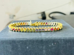 925 Rainbow sapphire tennis bracelet 14K solid gold | Natural rainbow gemstone b - Picture 1 of 8