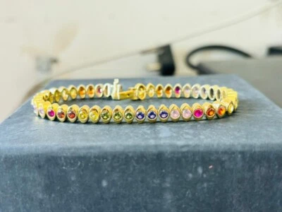 925 彩虹蓝宝石网球手链 14K 纯金 | 天然彩虹宝石 b — 第 1/4 张图片