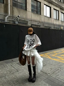 2 Pieces Y2K White Layered Tulle Skirt Set Ruffle Mesh High Low Fairycore Pettic - Picture 1 of 8
