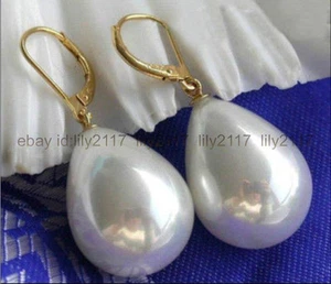 Real 14X17mm AAA south sea white shell pearl beads gold dangle earrings 14k - Picture 1 of 6