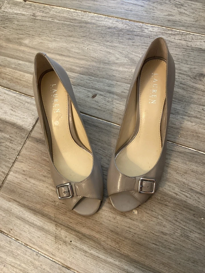 Ralph Lauren Pumps Heels Patent Leather Women 8B Work Buckle Peep Toe Taupe - Image 1 of 1