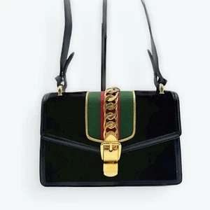 Auth Gucci Black GG Monogram Velvet Sylvie Small Shoulder Bag Preloved Purse - Picture 1 of 20