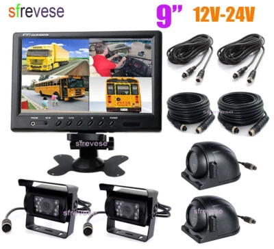 9" 4CH Monitor Bus Truck Backup Reverse System + 4x IR Car Rear View Camera Kit - Image 1 of 4