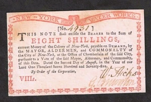 1775 NUEVA YORK OBRAS ACUÁTICAS COLONIALES 8 CHELINES ~ ELECCIÓN NÍTIDO BILLETE SIN CIRCULAR - Imagen 1 de 5