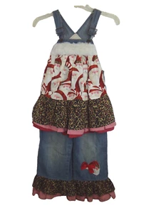 Handmade Girls size 5 Denim Jean Christmas Santa Bibs Flare Leg Cheetah Print - Picture 1 of 8