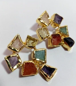 Natural Multi Gemstone Earrings Multi Raw Earrings Handmade Rough Brass Jewelry. - Picture 1 of 6
