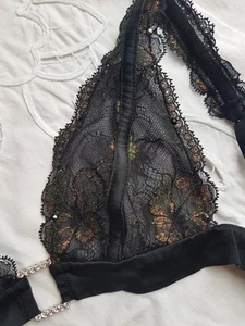 Pleasure State Couture Shimmering Lace Black Gold Triangle Soft Bra Size XS - Picture 1 of 6
