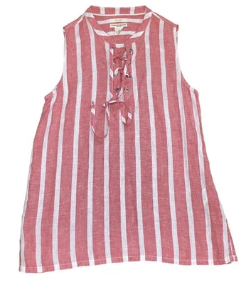 Túnica para mujer Christian Siriano talla S 100 % lino rojo blanco rayas con cordones delanteros Foto 1 de 4