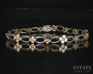14k Two Tone Gold Natural .75ctw Diamond Flower Link Bracelet 11g 7.25"L i20046 - Picture 1 of 4