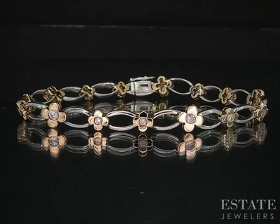 14k Two Tone Gold Natural .75ctw Diamond Flower Link Bracelet 11g 7.25"L i20046 - Image 1 of 4