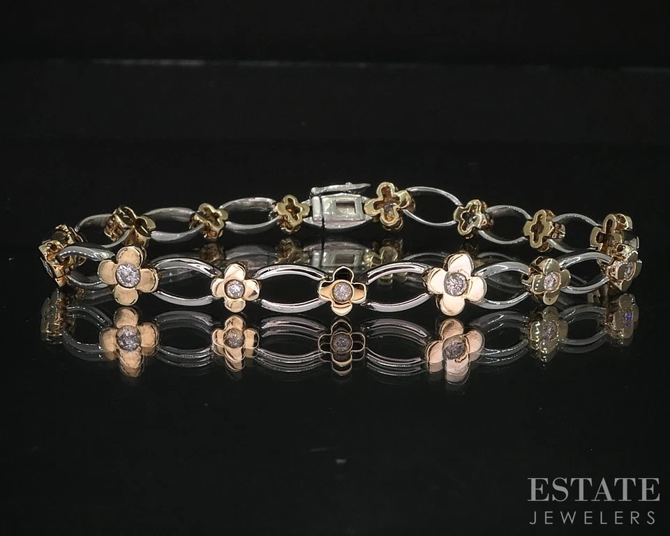 14k Two Tone Gold Natural .75ctw Diamond Flower Link Bracelet 11g 7.25"L i20046 - Image 1 of 4