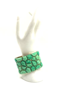 Chunky Green and Gold-Tone Asymmetric Pattern Hinged Wide Bracelet Acrylic - Picture 1 of 10