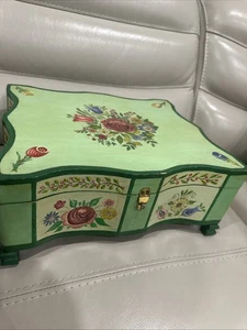 VTG Hand-Painted Wooden Jewelry Box – USA Folk Art Floral Chest 1970s 14”x12”x6” - Picture 1 of 15