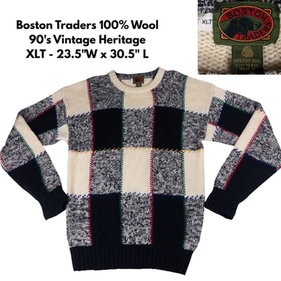 Vintage Boston Traders Wool Sweater XLT Chunky Knit Check Geometric Grandpa 90s - Image 1 of 4