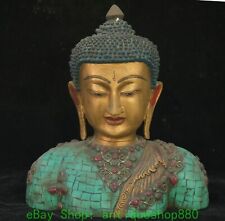 28CM Old Tibet Nepal Bronze Gold Inlaid Turquoise Buddha Head Bust Statue 