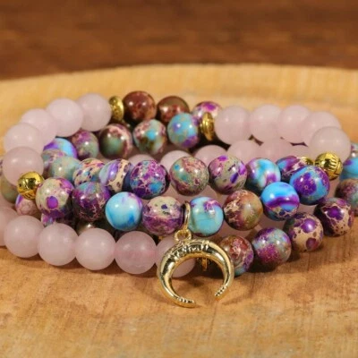 108 MALA GEMSTONE BEADS  LOTUS BUDDHA CHARM YOGA CHAKRA HEALING WOMEN BRACELET - Image 1 of 4
