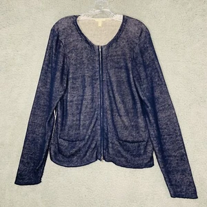 Eileen Fisher Sweater Womens Large Blue Organic Linen Blend Full Zip Cardigan - Picture 1 of 11