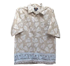 Mens Button Up Aloha Shirt Beige White Blue Floral Border Cotton Route 66 Size L - Picture 1 of 6