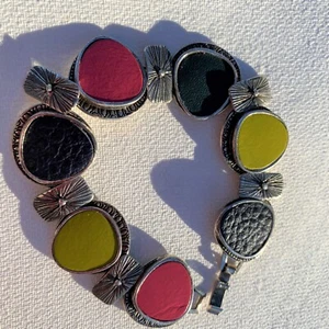 Taratata - Bracelet métal argenté et cuir - Bracelet signed - multicolor leather - Imagen 1 de 9