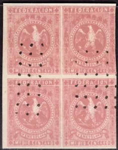 VENEZUELA 1863/4 STAMP Sc. # 11 USED BLOCK OF FOUR FORGERY - Picture 1 of 2