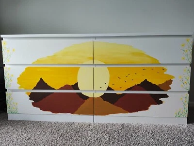 卧室木质梳妆台,白色,6个抽屉,独特手绘设计 — 第 1/3 张图片