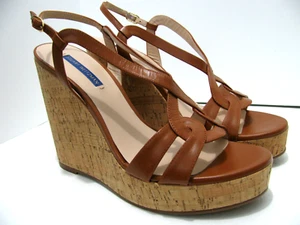 Stuart Weitzman Sandals Womens 9.5 Tan Platform Cork Sole Wedge Heels Strap Shoe - Picture 1 of 17