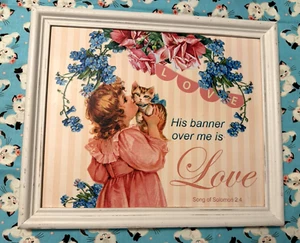 Kitty Cats Pastel Floral Framed Handmade Love Wall Art Vintage Look 15" x 12" - Picture 1 of 5