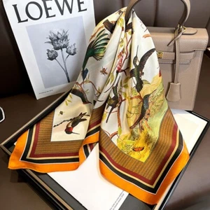 100% Silk Scarf Women Vintage Orange Bird Kerchief Square Bandana Wrap 65*65cm - Picture 1 of 6