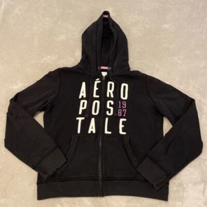 AEROPOSTALE HOODIE HOODED SWEATSHIRT FULL ZIP FRONT BLACK COTTON WOMEN'S SIZE XS - Picture 1 of 13