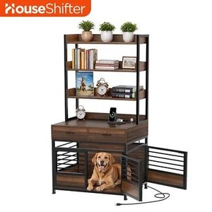 Spacious Dog Crate Pet Puppy Metal Cage with Wood Storage Shelves & Power Strip - Picture 1 of 11