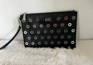 Bolso sin asas de cuero Michael Kors para mujer muñeca cremallera en esquina plateado floral negro - Imagen 1 de 7