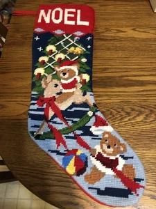 Vintage 18” Bears & Deer Needlepoint Christmas Stocking  - Picture 1 of 8